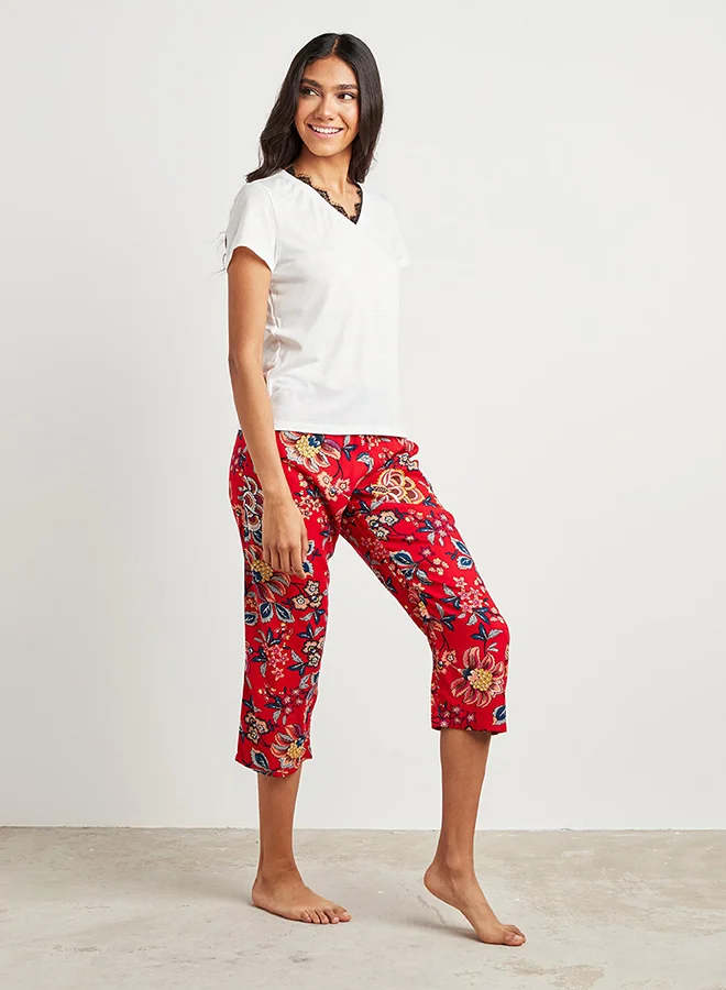 Closet By Styli Floral Print Capri Pants With Elasticated Waistband Red