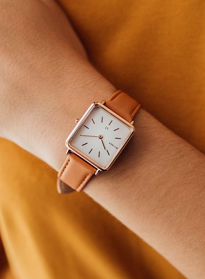 ميلنر ساعة يد بعقارب وسوار من الجلد طراز 0010801 - 28 مم - أصفر للنساء - Image 3