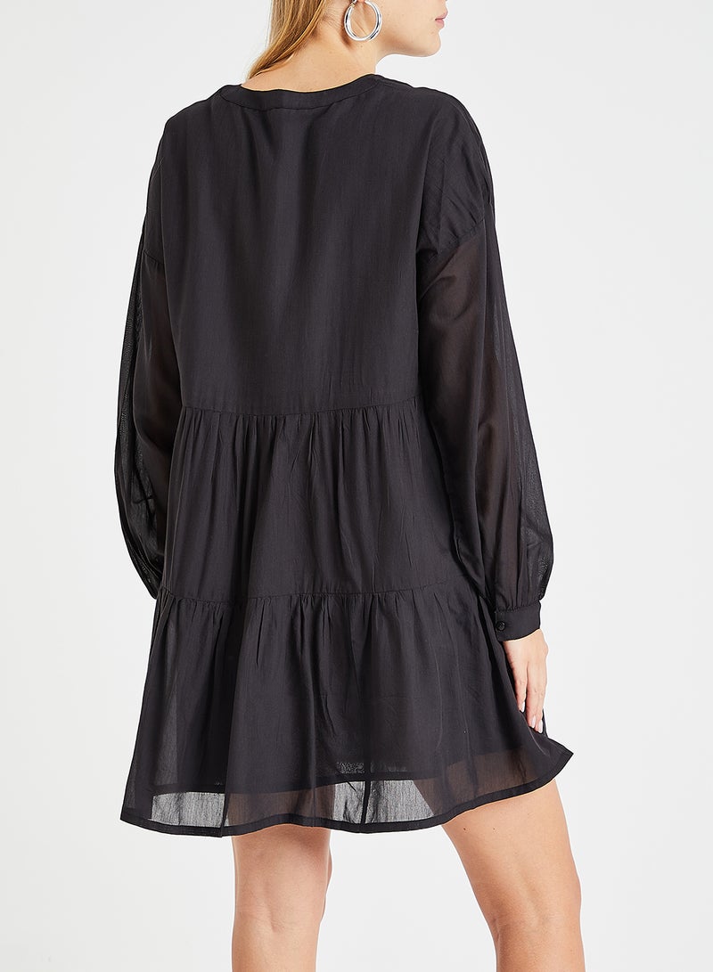 ONLY - Lace Trim Tiered Long Sleeve Dress Black - Image 1