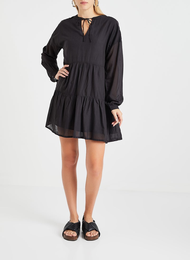 ONLY - Lace Trim Tiered Long Sleeve Dress Black - Image 1