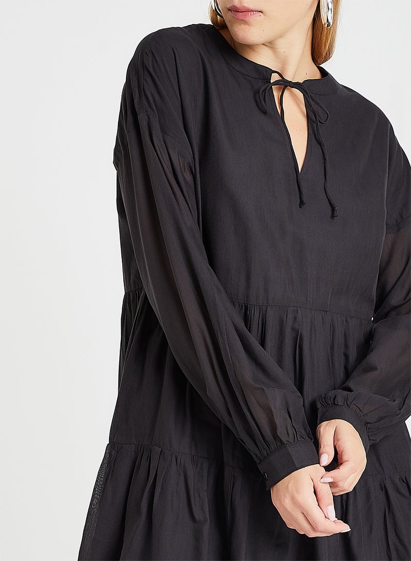 ONLY - Lace Trim Tiered Long Sleeve Dress Black - Image 1