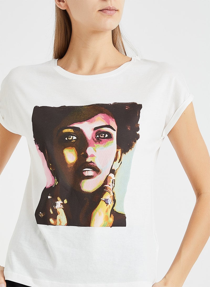 Jacqueline de Yong Rolled Sleeve Graphic T-Shirt White  - Image 3