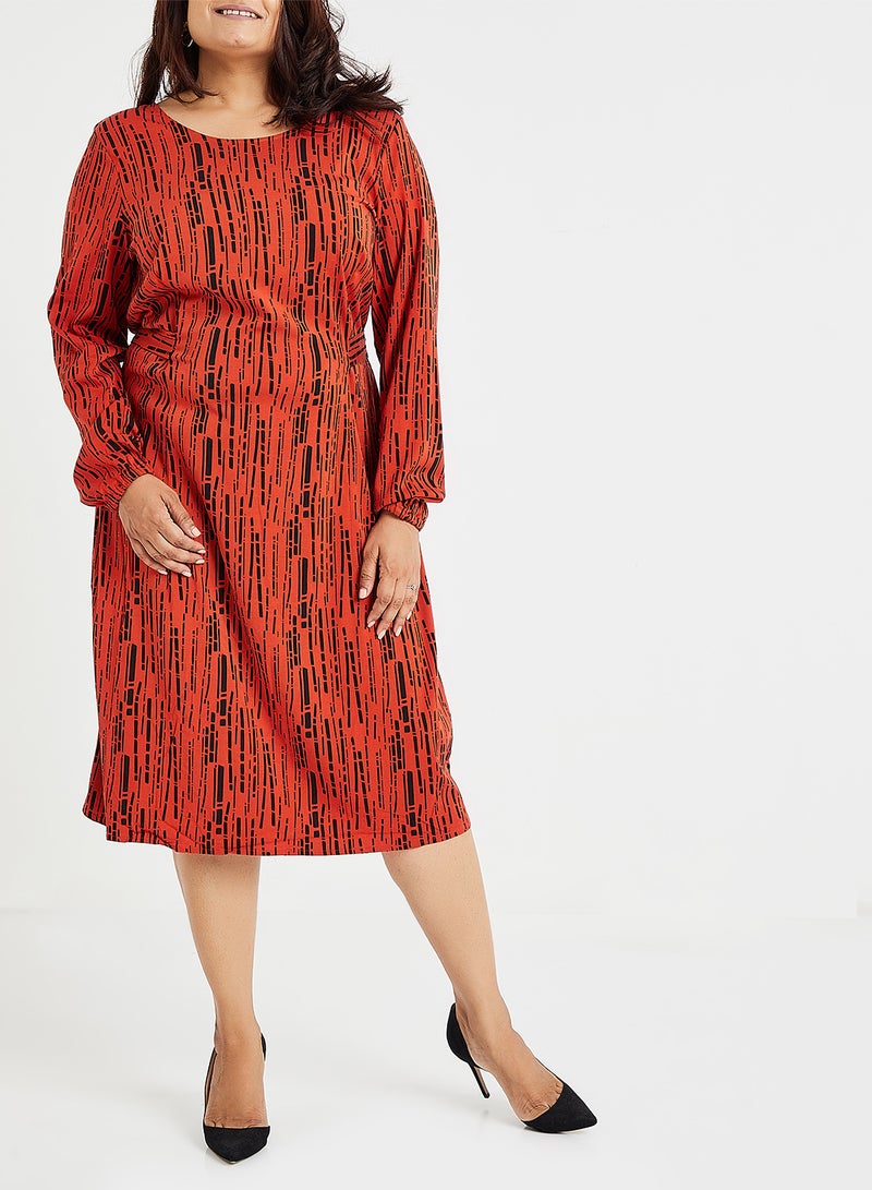 Tie Up Patterned Midi Dress Orange - v1583326171/N35290177V_2