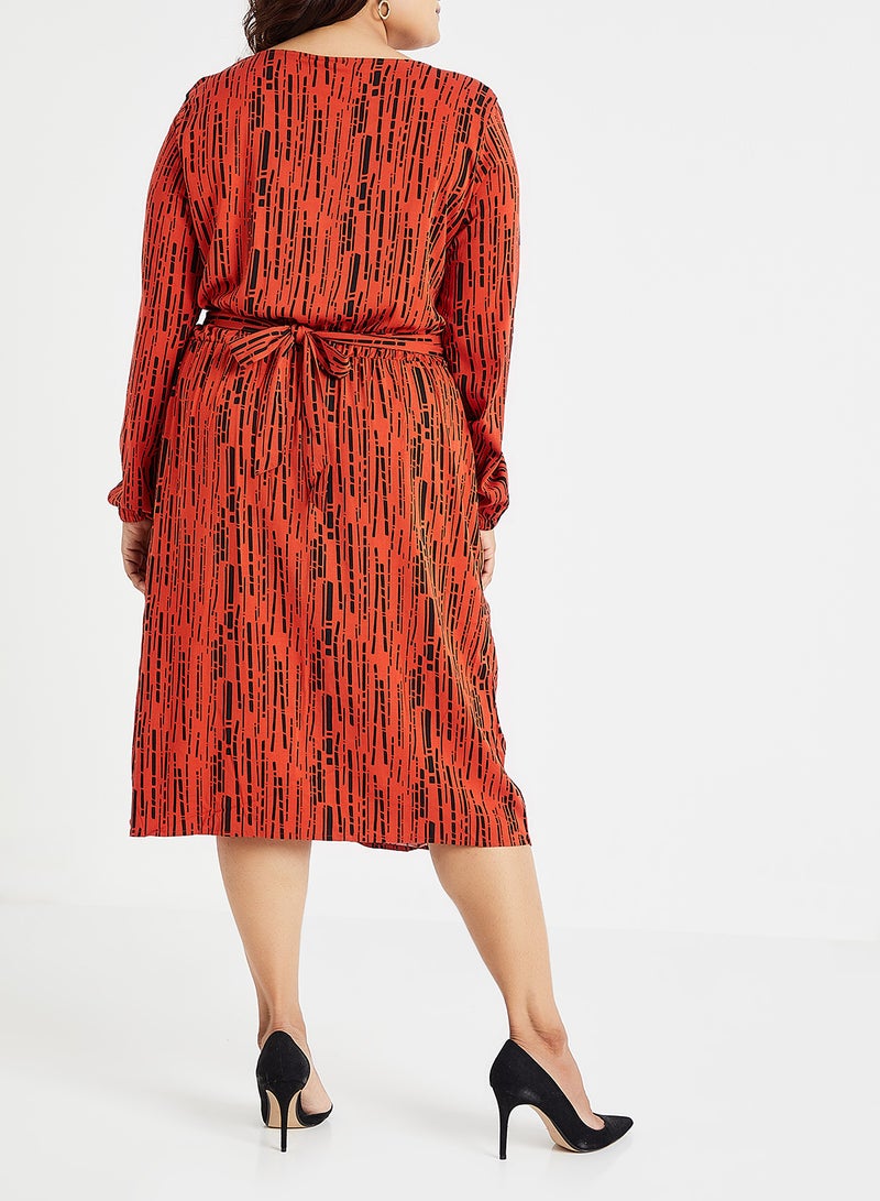 Tie Up Patterned Midi Dress Orange - v1583326171/N35290177V_3