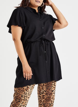 Collared Waist Tie Tunic Black