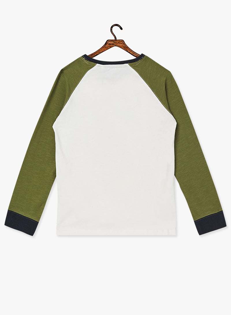 NAME IT - Kids Raglan Long Sleeve T-Shirt White/Olive - Image 1