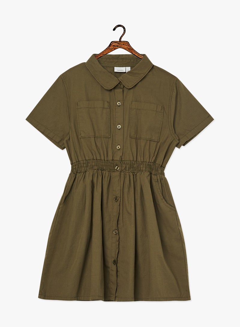 NAME IT - Elasticated Waist Shirt Dress Olive - Image 1