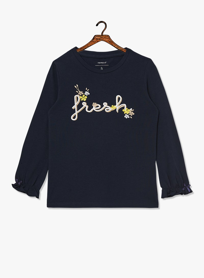 نيم ات تيشيرت مطرز للأطفال بأكمام طويلة أسود - Image 1