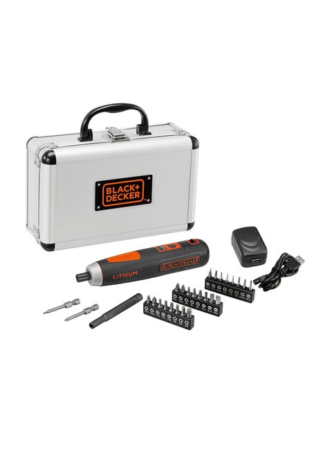 Cordless Screwdriver, 4V Li-Ion Push-n-Go with 27 Accessories in Aluminium Kitbox Multicolour