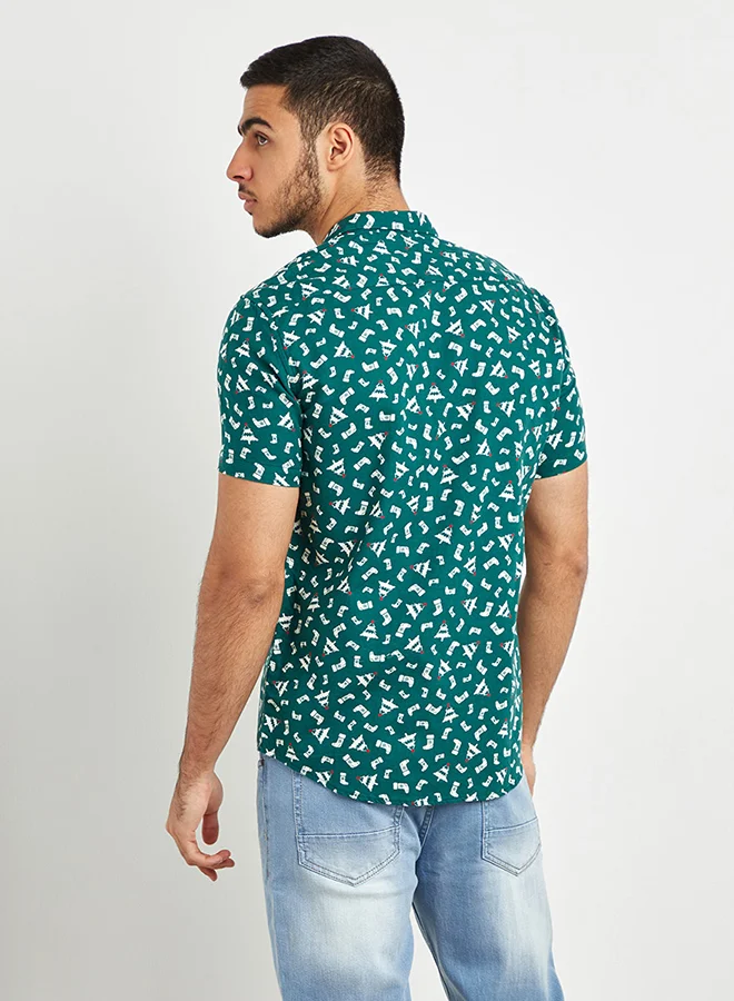 Amon Printed Slim Fit Short Sleeves Shirt Green