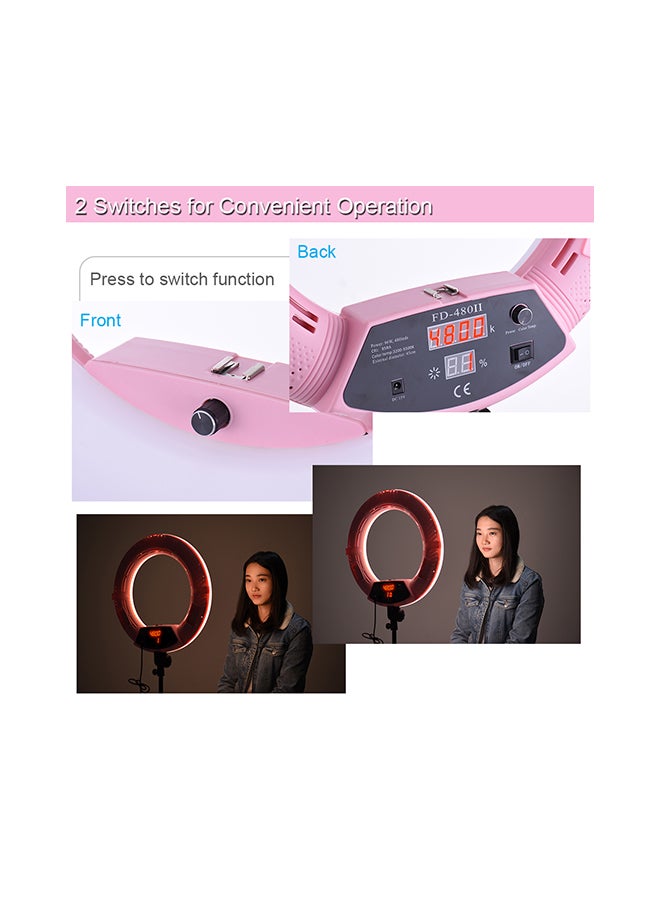 مصباح LED حلقي قابل للتعتيم مزود بميزة ماكرو لتصوير الفيديو مع حامل مرآة المكياج وردي - Image 3
