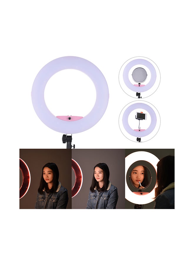 مصباح LED حلقي قابل للتعتيم مزود بميزة ماكرو لتصوير الفيديو مع حامل مرآة المكياج وردي - Image 4
