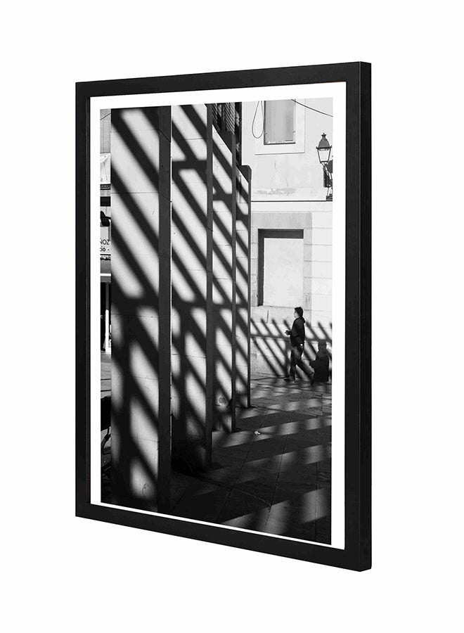 LOWHA Man Wearing Pullover Hoodie Near Wooden Framed Wall Art Painting Black/Grey 43x53cm 