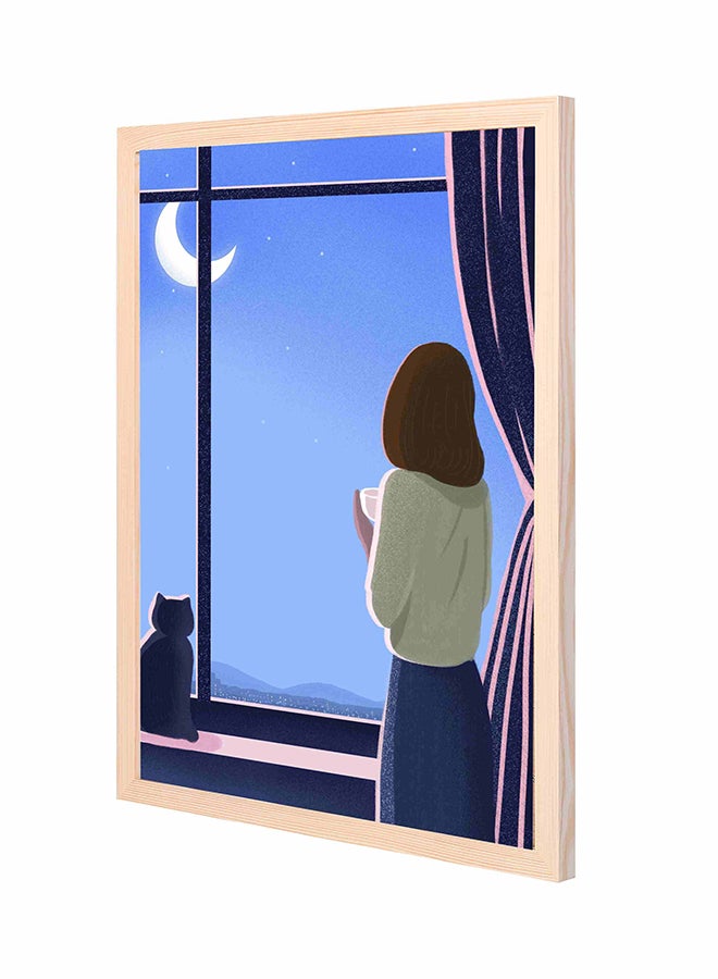 لوحة فنية بإطار من الخشب بتصميم يعب عن التأمل عند النافذة متعدد الألوان 43x53سم