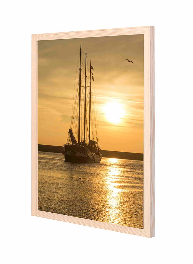 Boat On Body Of Water Sun Wooden Framed Wall Art Painting Brown/Gold 43x53cm