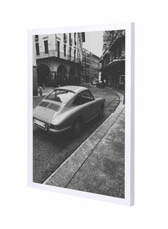 LOWHA Vintage Vehicle On Road Near Building Wooden Frame Wall Art Grey 43 x 53cm 