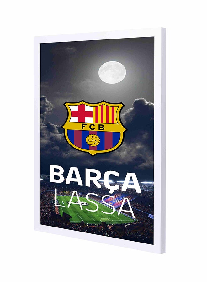 لوحة فنية لديكور الحائط بإطار خشبي غائر بتصميم شعار فريق برشلونة أسود/ أبيض 43x53سم