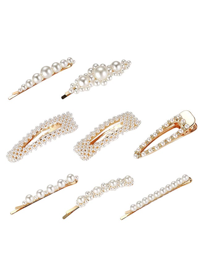 8-Piece Artificial Pearls Hair Clip Set White/Gold