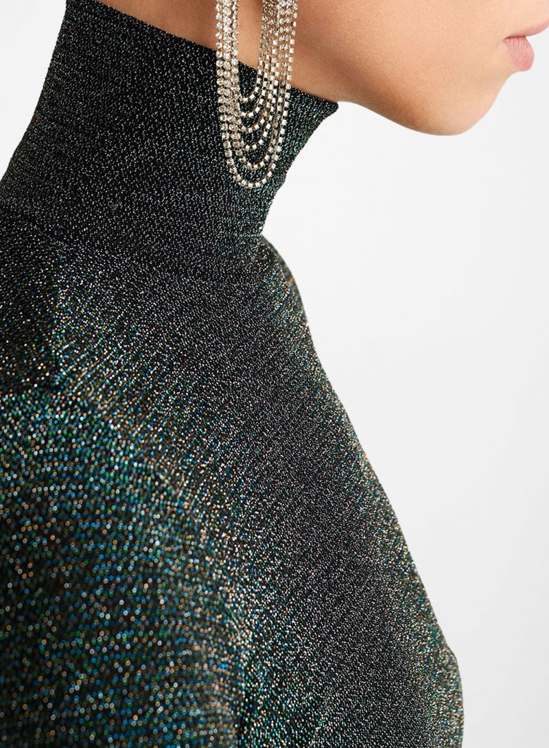 MANGO High Neck Metallic T-Shirt Green - Image 4