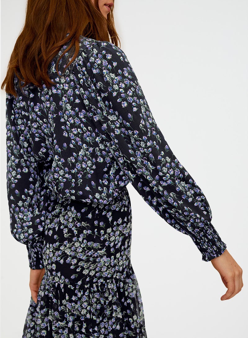 MANGO - Floral Print Flowy Blouse Black - Image 1
