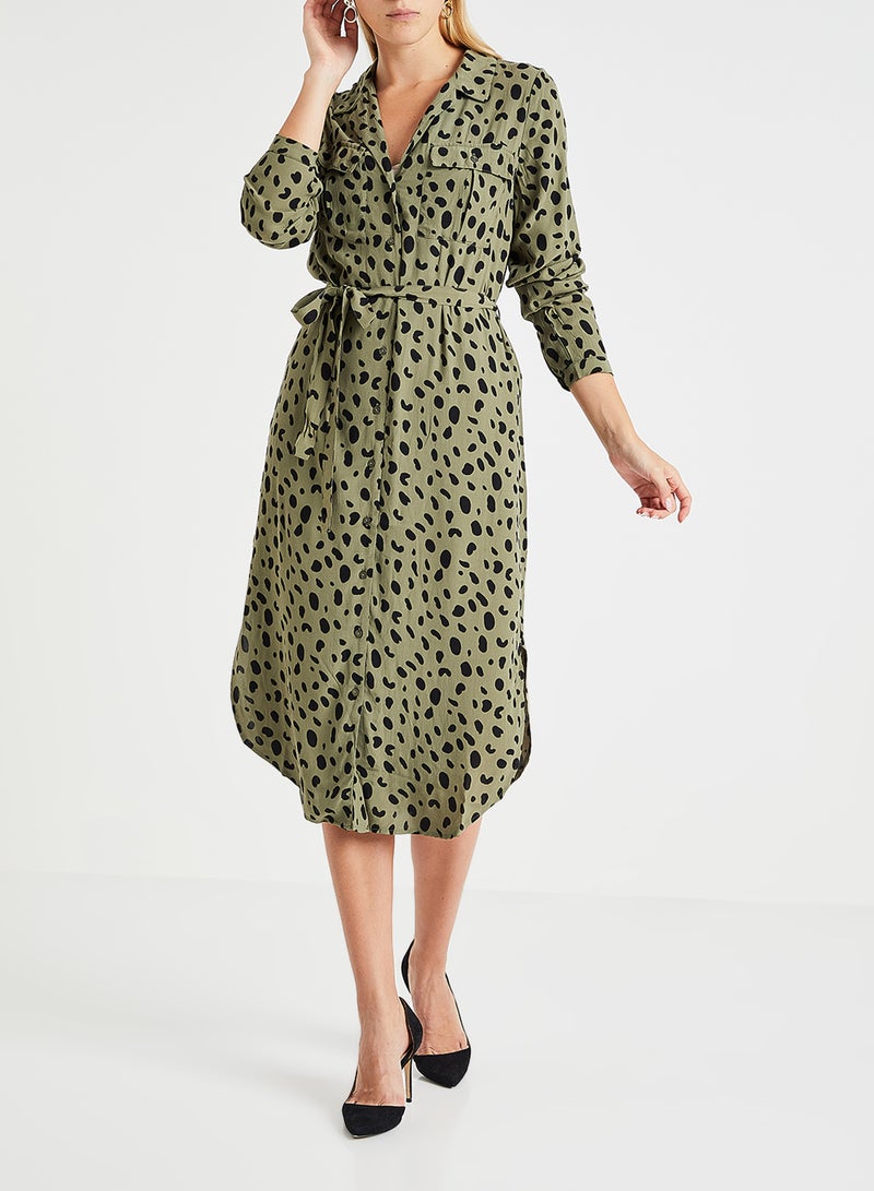 PIECES - Allover Print Long Sleeve Shirt Dress Olive - Image 1