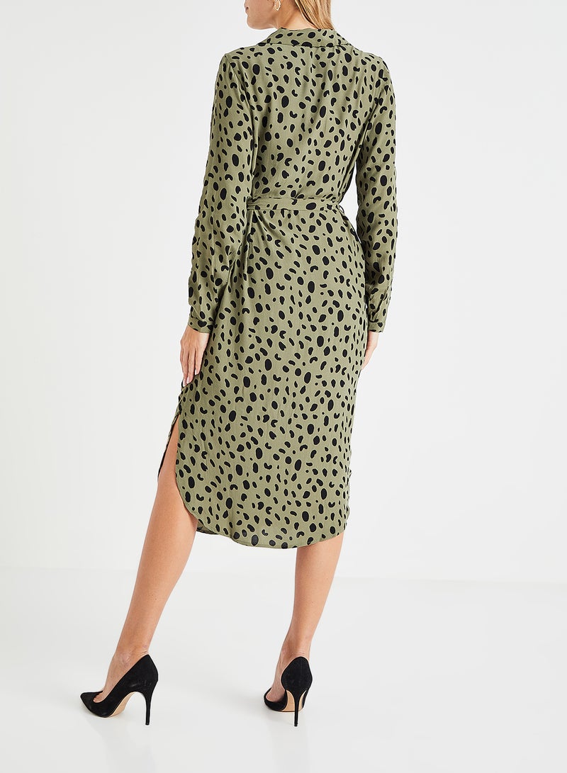 PIECES - Allover Print Long Sleeve Shirt Dress Olive - Image 1