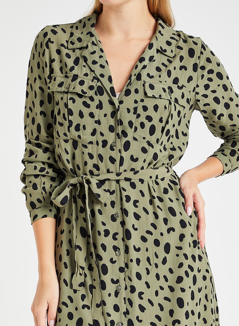 PIECES - Allover Print Long Sleeve Shirt Dress Olive - Image 1