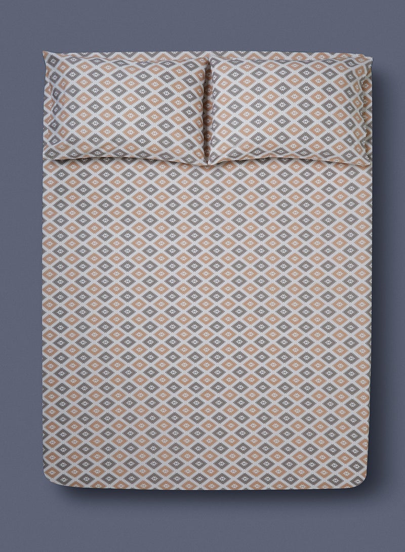 Noon East - Fitted Bedsheet Set Queen Size 100% Cotton Premium Quality 200 TC Everyday Use Breathable And Soft, With 1 Bed Sheet 150X200 Cm + 25cm And 2 Pillow Cases 50X75 Cm - White/Brown/Grey White/Brown/Grey 150 x 200 + 25cm - Image 1