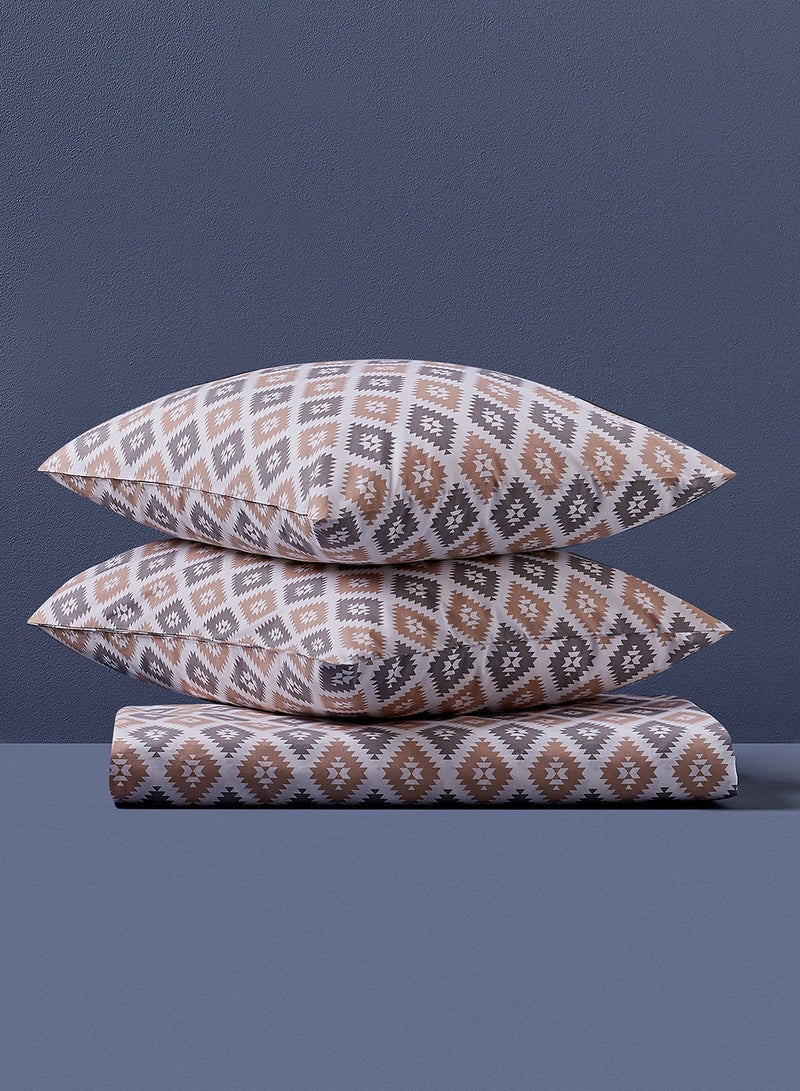 Noon East - Fitted Bedsheet Set Queen Size 100% Cotton Premium Quality 200 TC Everyday Use Breathable And Soft, With 1 Bed Sheet 150X200 Cm + 25cm And 2 Pillow Cases 50X75 Cm - White/Brown/Grey White/Brown/Grey 150 x 200 + 25cm - Image 1