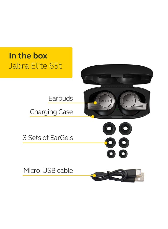 Jabra - Elite 65t Earbuds – Passive Noise Isolating Bluetooth Earphones with Four-Microphone Technology For True Wireless Calls and Music Titanium Black - Image 1