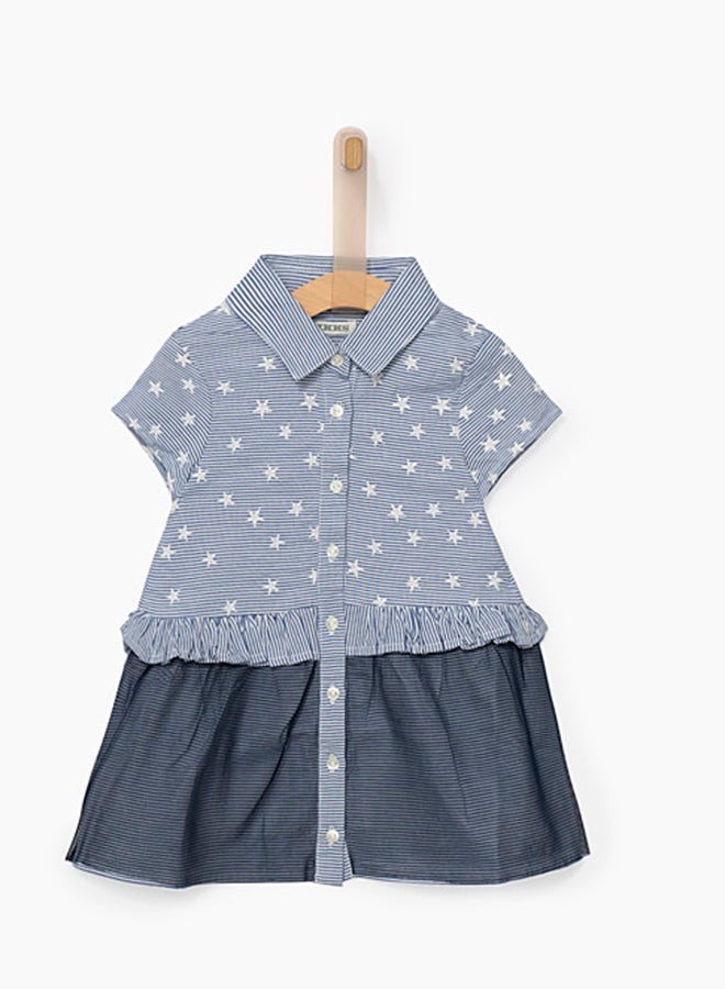 IKKS Mixed Fabric Striped Dress Blue  - Image 1