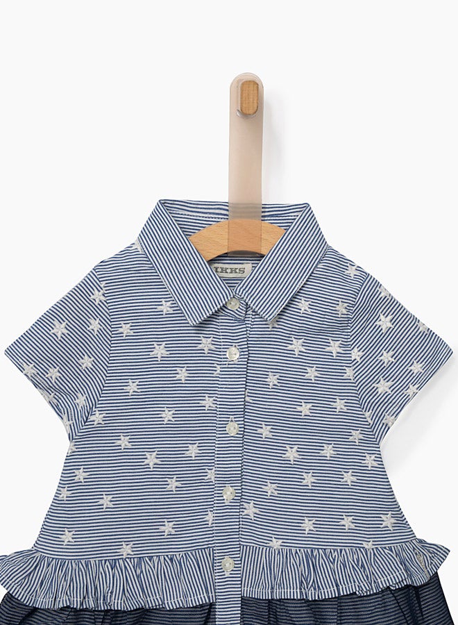 IKKS Mixed Fabric Striped Dress Blue  - Image 3