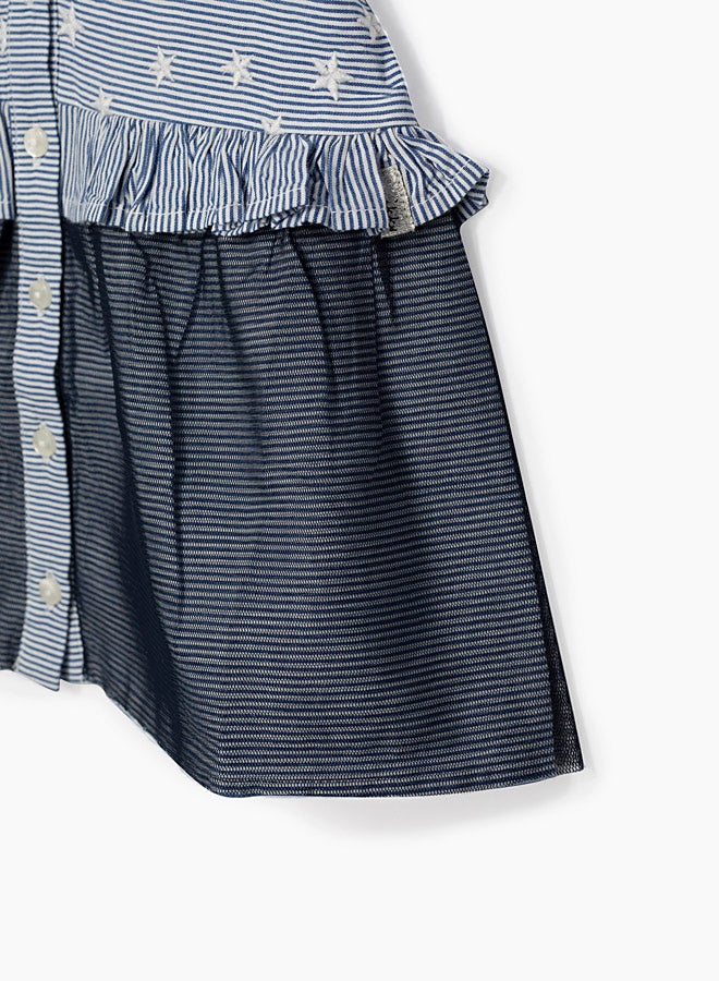 IKKS Mixed Fabric Striped Dress Blue  - Image 4