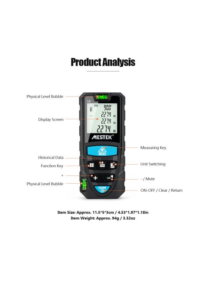 MESTEK S6 Series Intelligent Laser Range Finder Black/Blue 11.5x5x3cm - Image 2