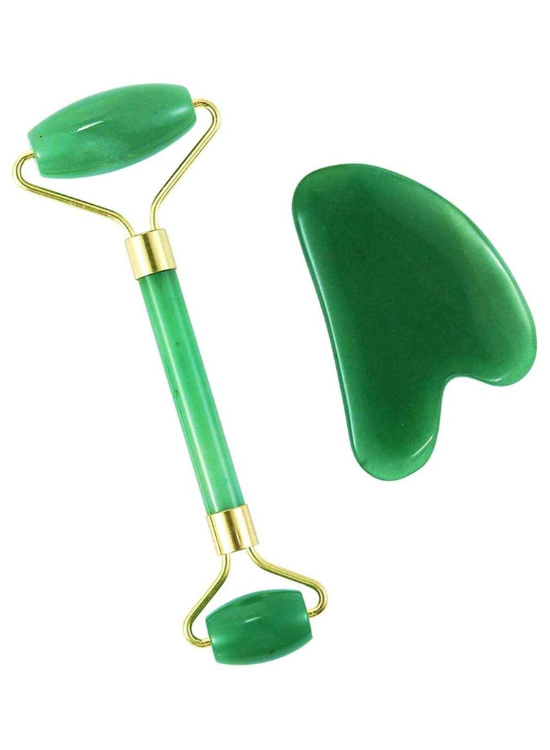 Omo Dual Ended Jade Face Massage Roller With Gua Sha Scraper Green/Gold 