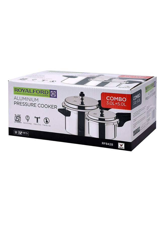 Royalford - 3L+5L Combo Aluminium Pressure Cooker Induction Compatible Uniform Heating 47.5X24X19Cm Silver With Black Handle Silver 5.0Liters - Image 1
