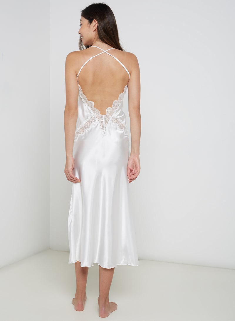 Nurteks Long Satin Nightdress With Floral Cut Design Off White - Image 2