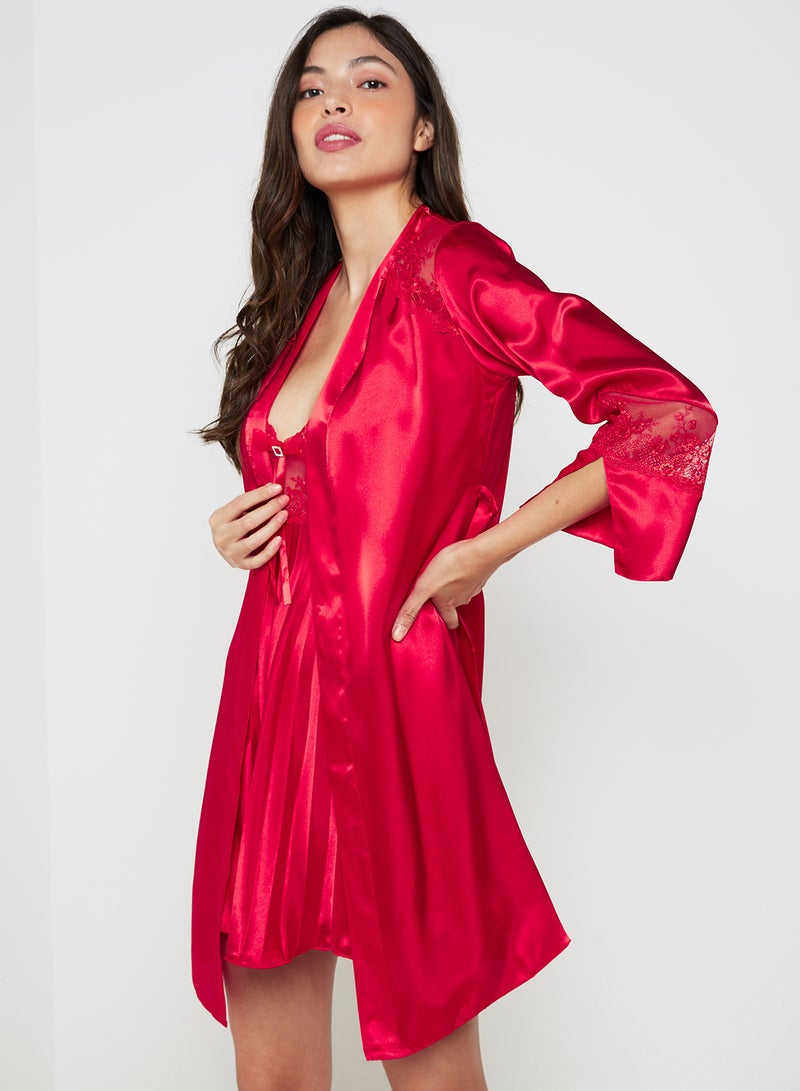 Nurteks Pleated Satin Nightgown With Robe Red - Image 1