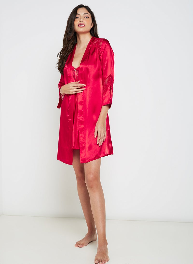 Nurteks Pleated Satin Nightgown With Robe Red - Image 3
