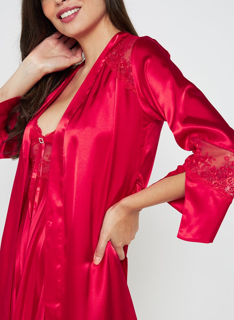Nurteks Pleated Satin Nightgown With Robe Red - Image 4