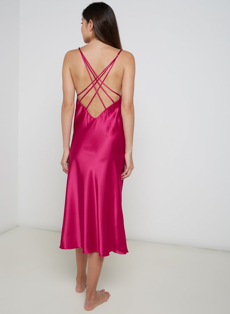 Nurteks Long Satin Nightdress Fuchsia - Image 2