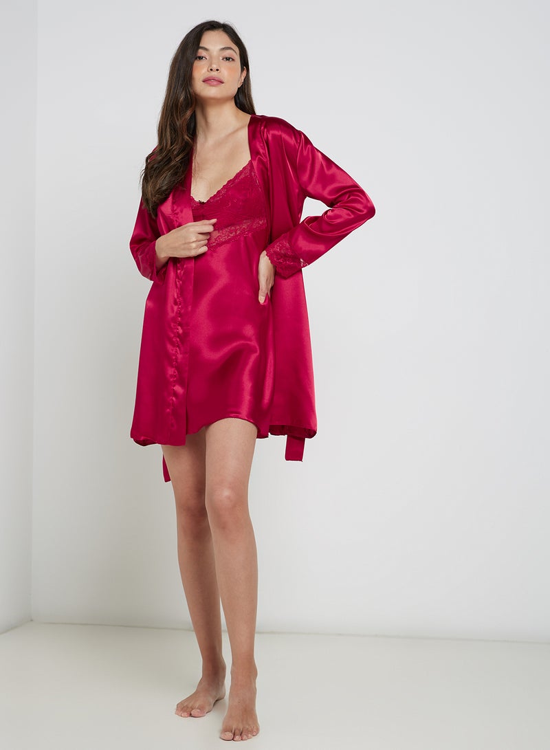 Nurteks Short Satin Nightgown With Kimono Robe Dark Red - Image 1