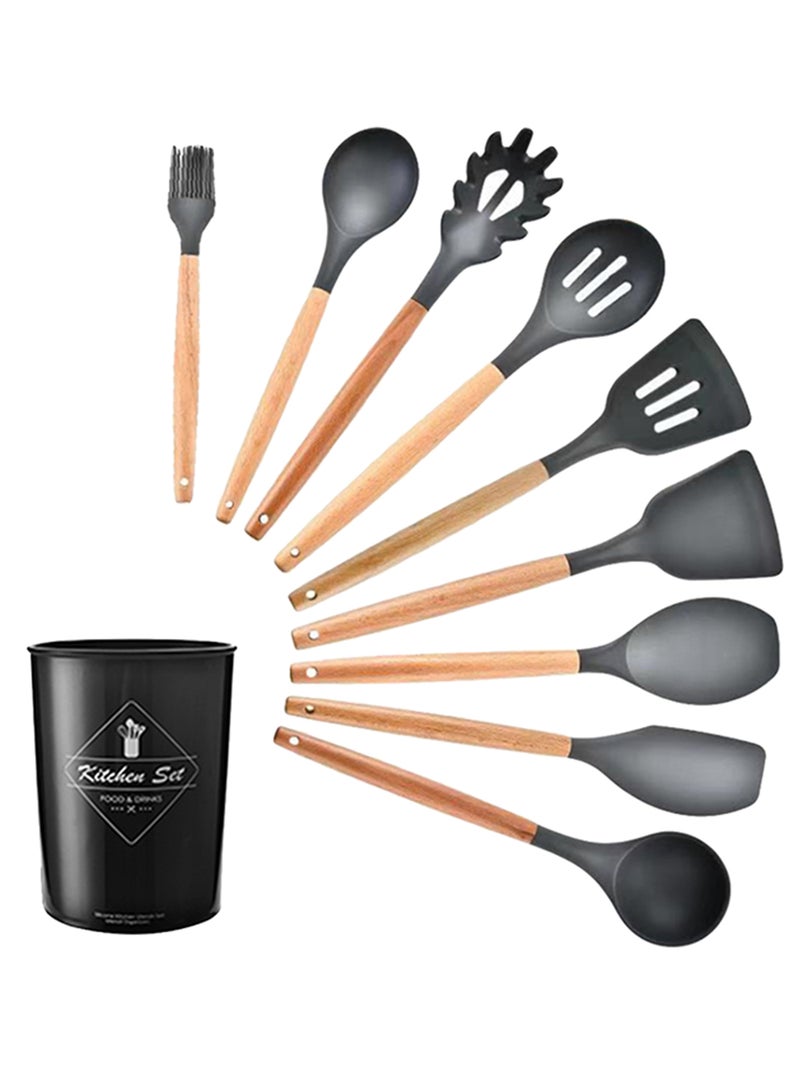 10-Piece Cooking Utensils Kitchen Set Black and Wood
