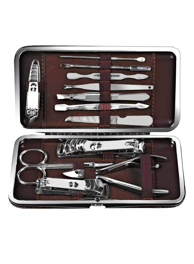 طقم أدوات مانيكير وباديكير مع حافظة من 12 قطعة فضي/بني - Image 1