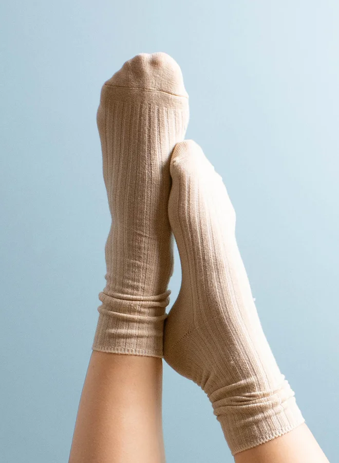 Prickly Pear Ribbed Crew Boot Socks Beige Beige