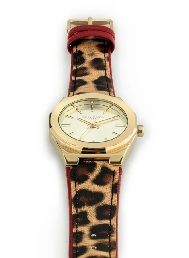 DAISY DIXON LONDON DAISY DIXON LONDON Alessandra Women's Analogue Quartz Watch with Pale Gold Sunray Dial and Leopard Print Leather Strap - D121TG