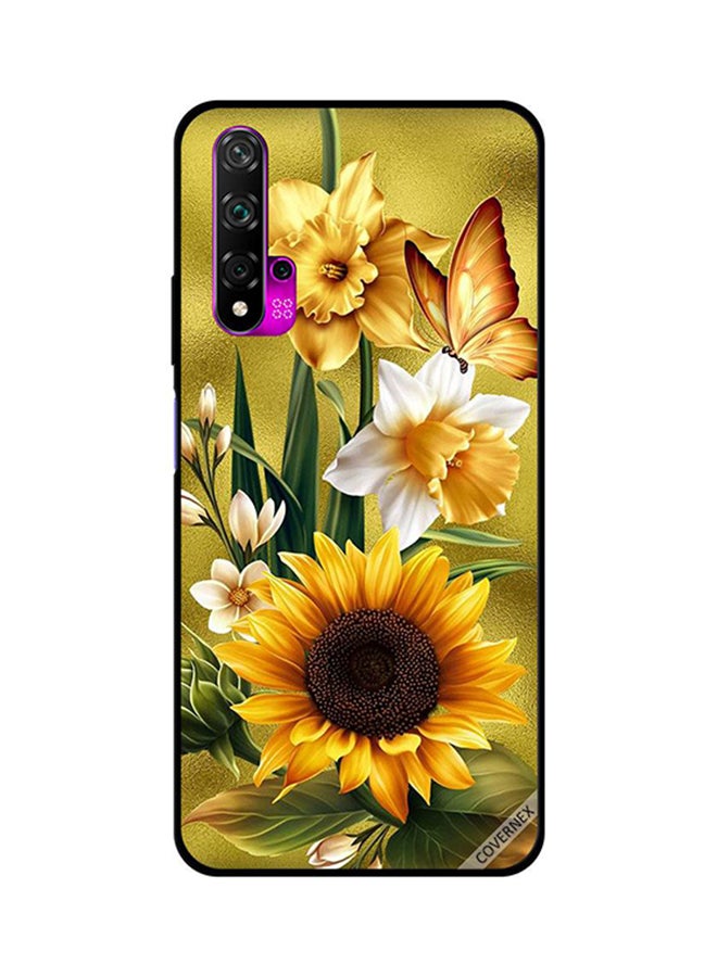غطاء حماية واق لهاتف هواوي نوفا 5T تصميم فراشة ذهبية جالسة على زهرة دوار الشمس.