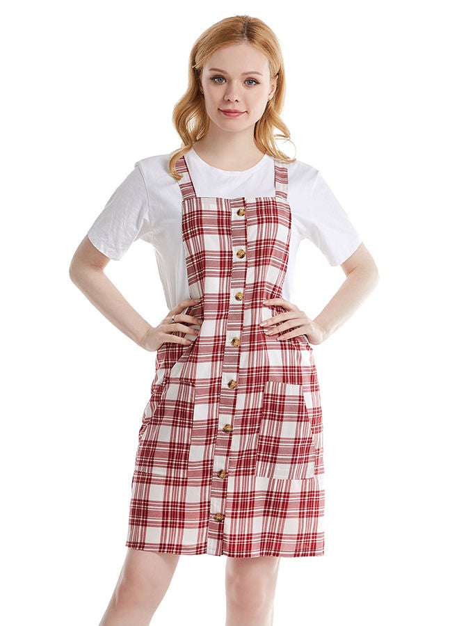 Hanyimidoo Comfortable Check Button Detail Jumpsuit Red/White - Image 1