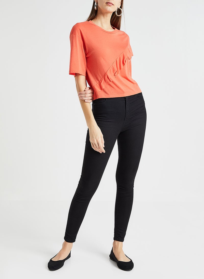 Jacqueline de Yong Ruffle Trim T-Shirt Coral  - Image 2