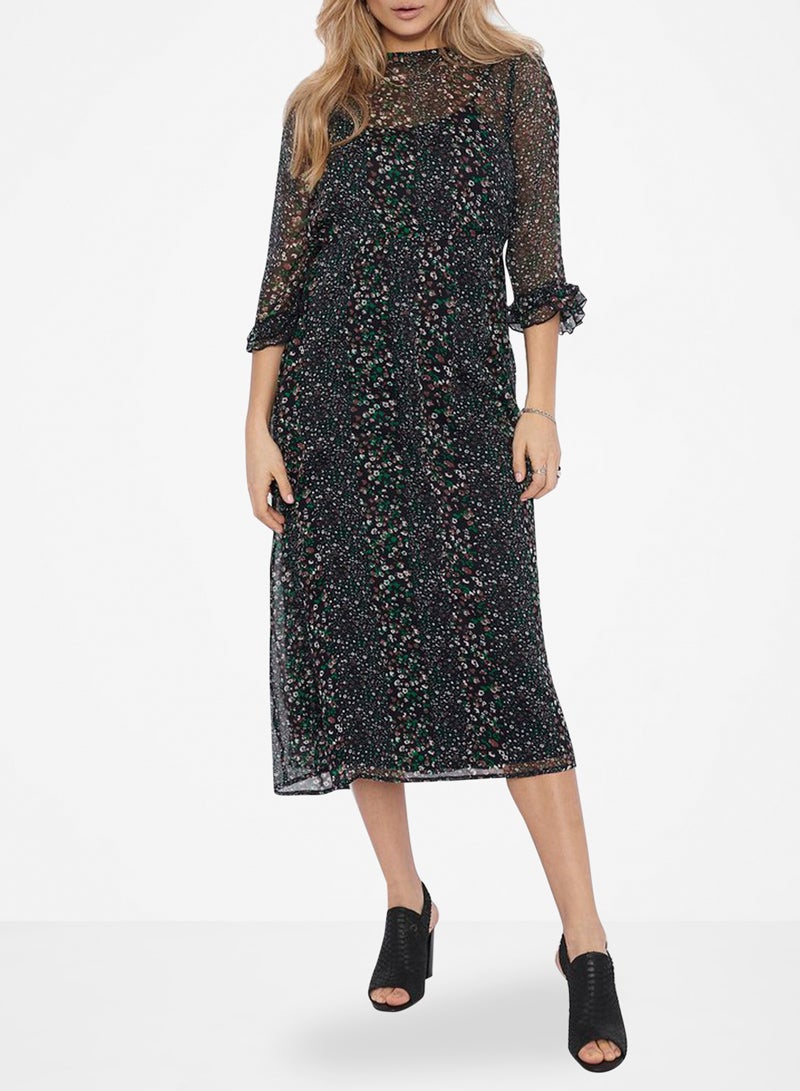 Jacqueline de Yong - Sheer Floral Three-Quarter Sleeve Dress Navy - Image 1